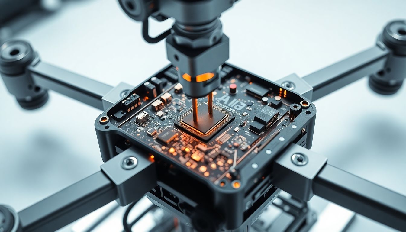 Robotic arm assembling a drone's internal circuitry.