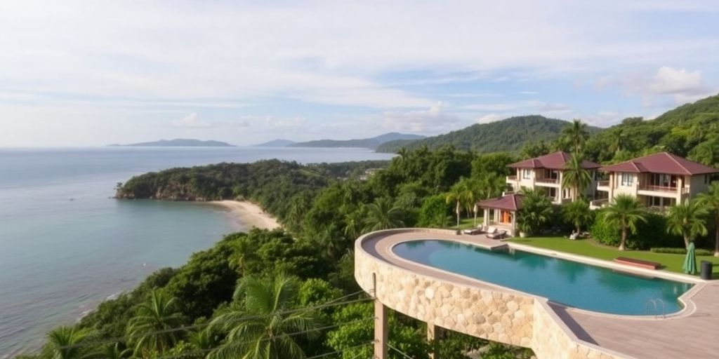 Coastal view of Samui with villas and greenery.