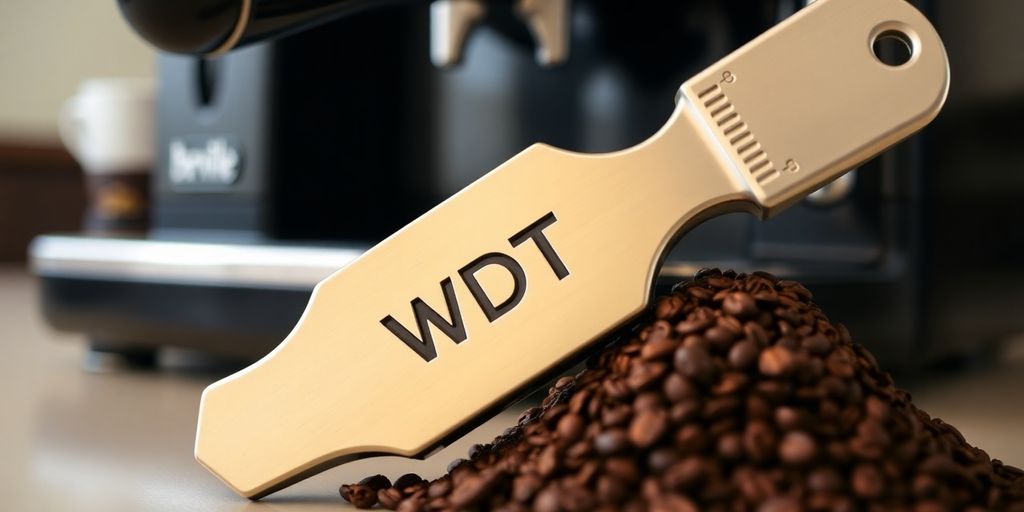 Close-up of WDT tool and ground coffee near espresso machine.