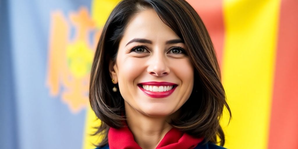 Maia Sandu souriante avec le drapeau moldave en arrière-plan.