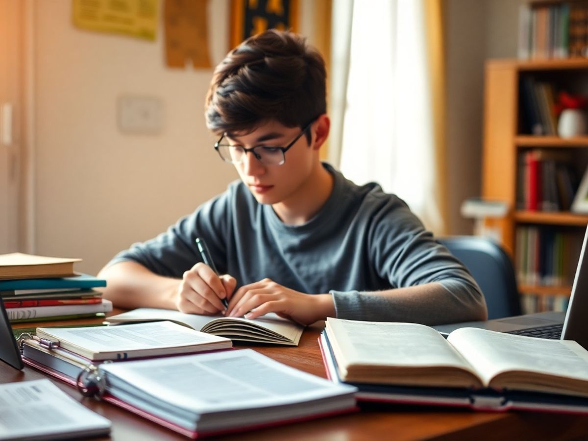 Student studying for GRE with books and notes.