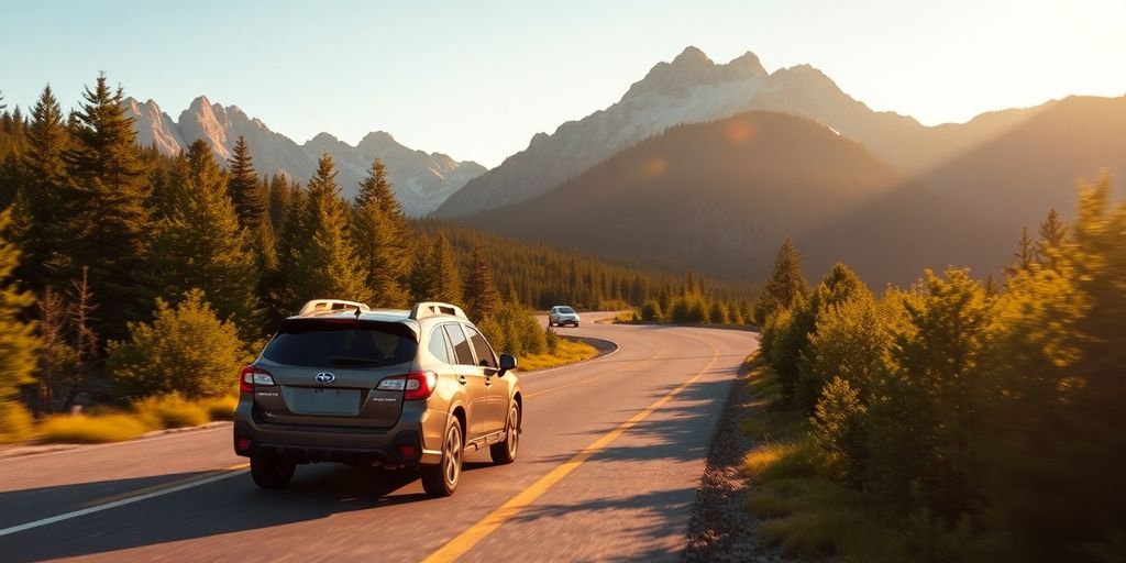 Subaru Outback navigating a scenic mountain road.