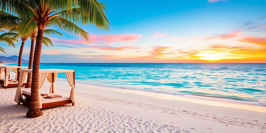 Playa solo para adultos en Secrets Los Cabos con atardecer.