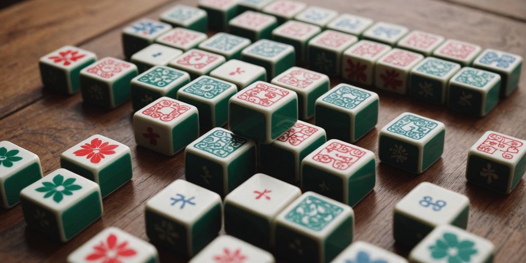 Mahjong tiles with symbols on a wooden table.