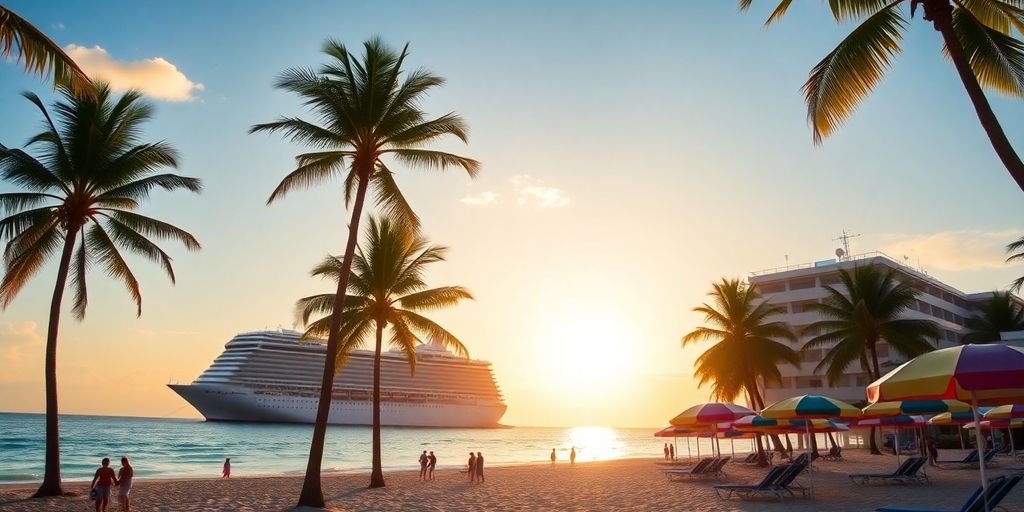 Cruise ship near a sandy beach at sunset.