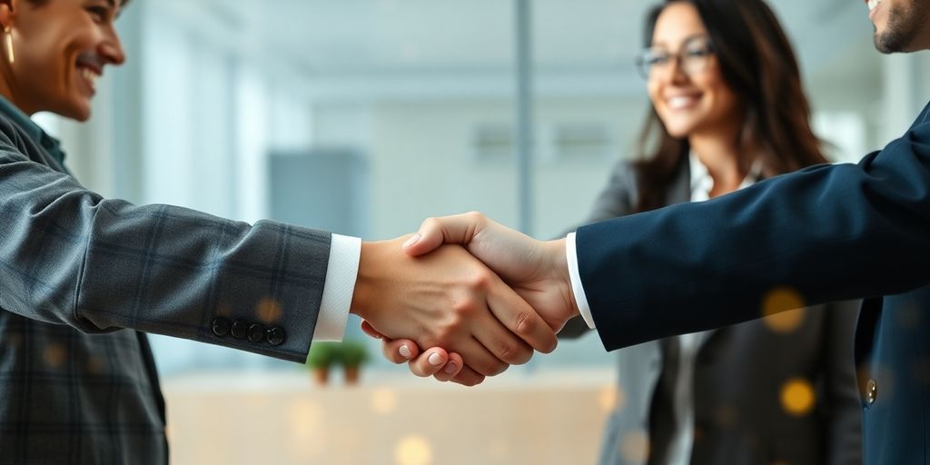 Diverse business people shaking hands, surrounded by subtle glowing tech.