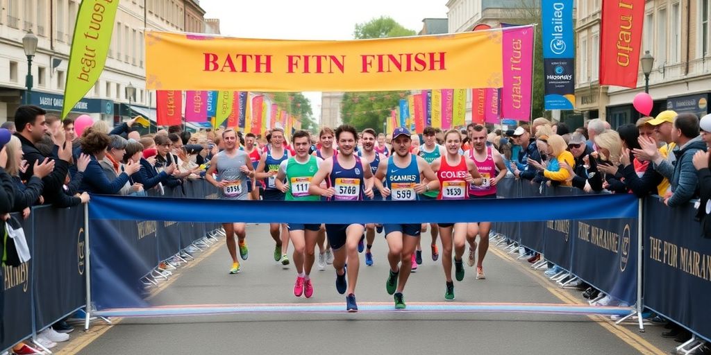 Runners finishing the Bath Half Marathon with excitement.