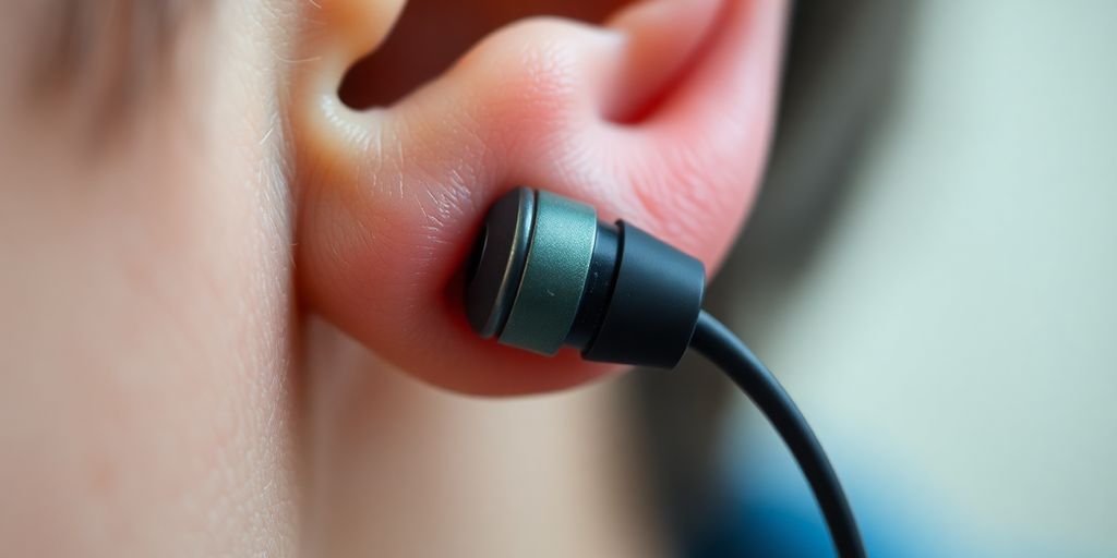 Early earbuds, wires, and a person's ear. Focus on invention.
