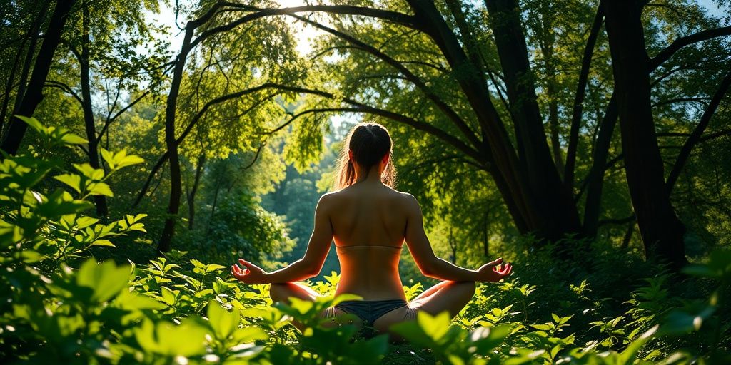 Person meditating peacefully in a lush forest.