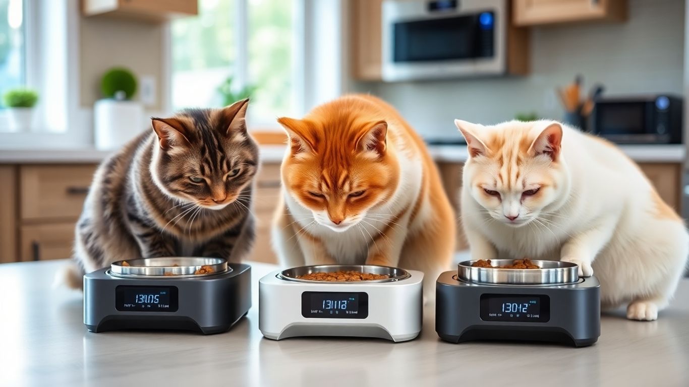 Three cats eating from smart feeders in kitchen