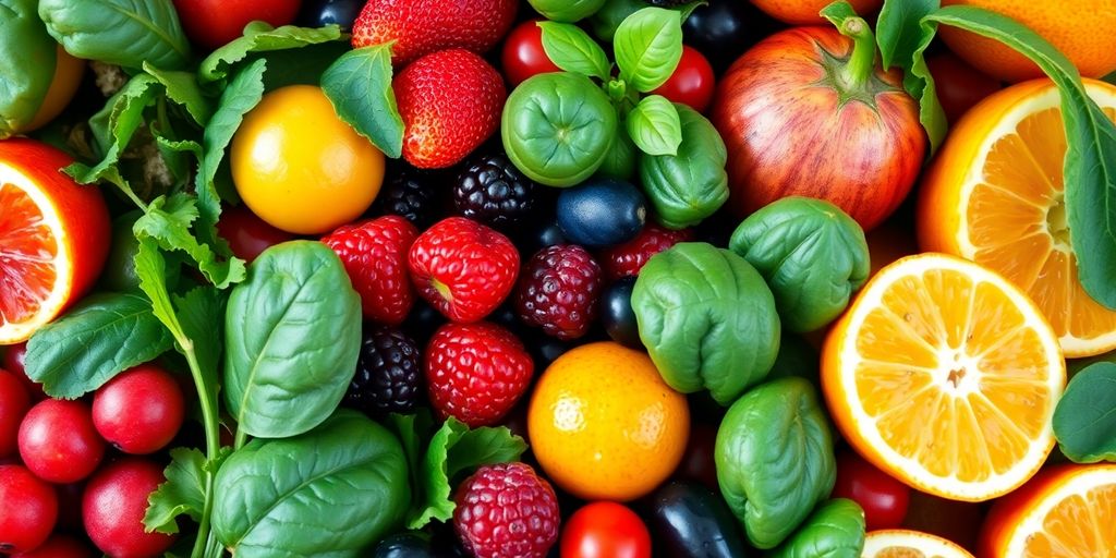 Fresh colorful vegetables and fruits arranged artistically.