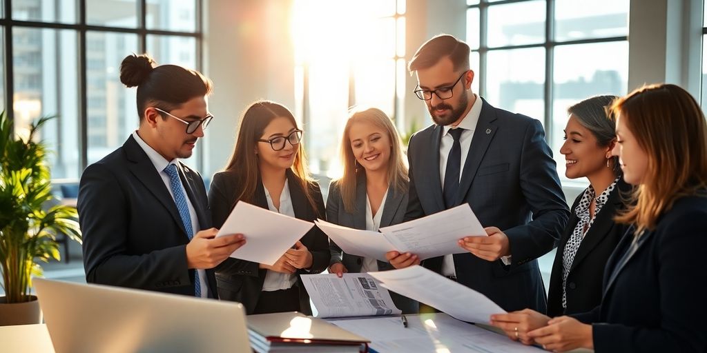 Accountants collaborating in a modern office.