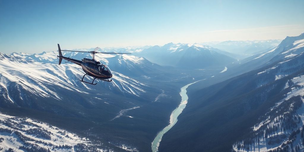A helicopter flies over a vast, snow-capped Alaskan mountain range.