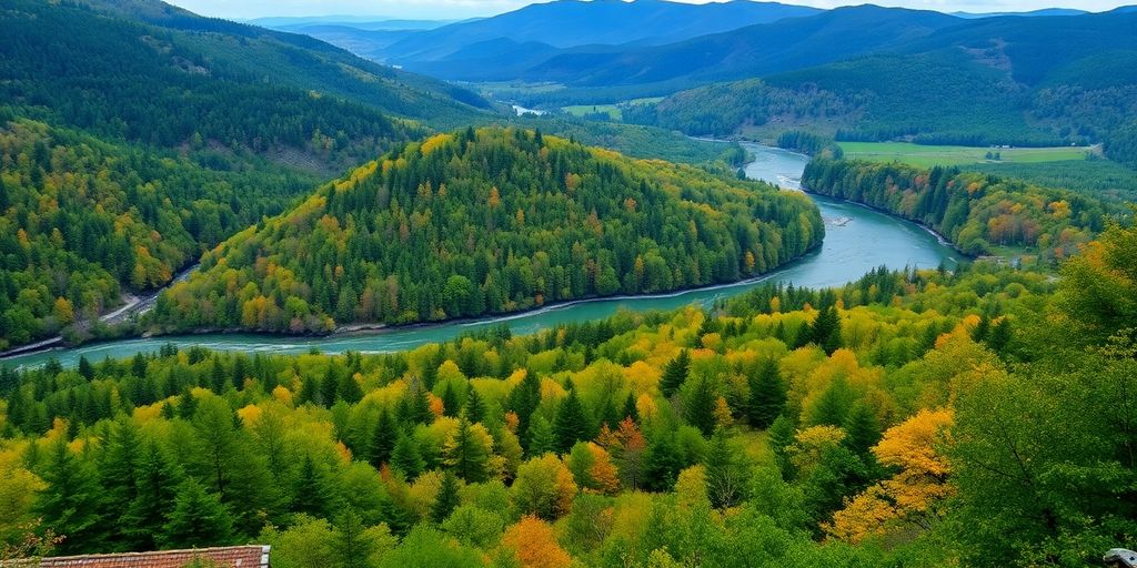 Peisaj natural din România, cu păduri și râuri.