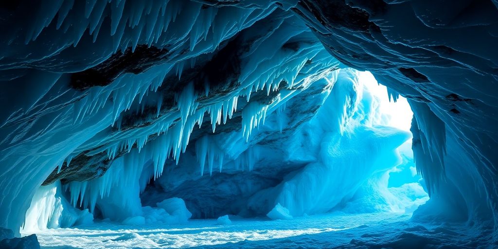 Frozen ice cave with blue formations and natural light.