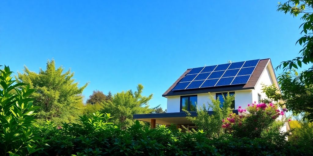 Duurzaam huis omringd door groene natuur en zonnepanelen.