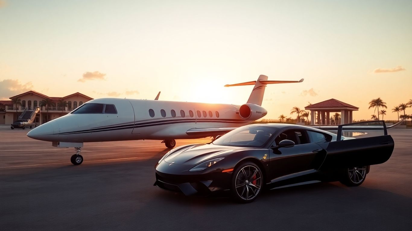 Private jet, luxury car, and villa in Cabo.