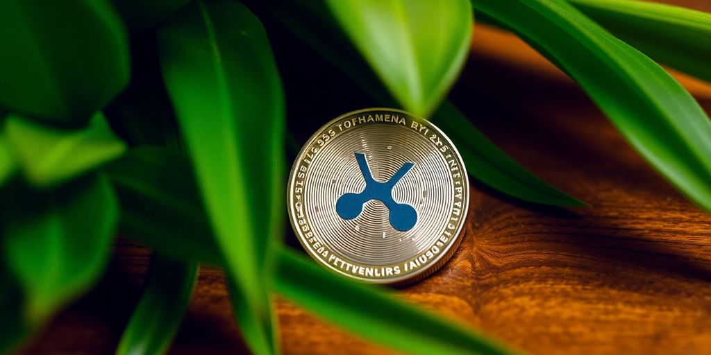 Close-up of XRP coin on a wooden table.