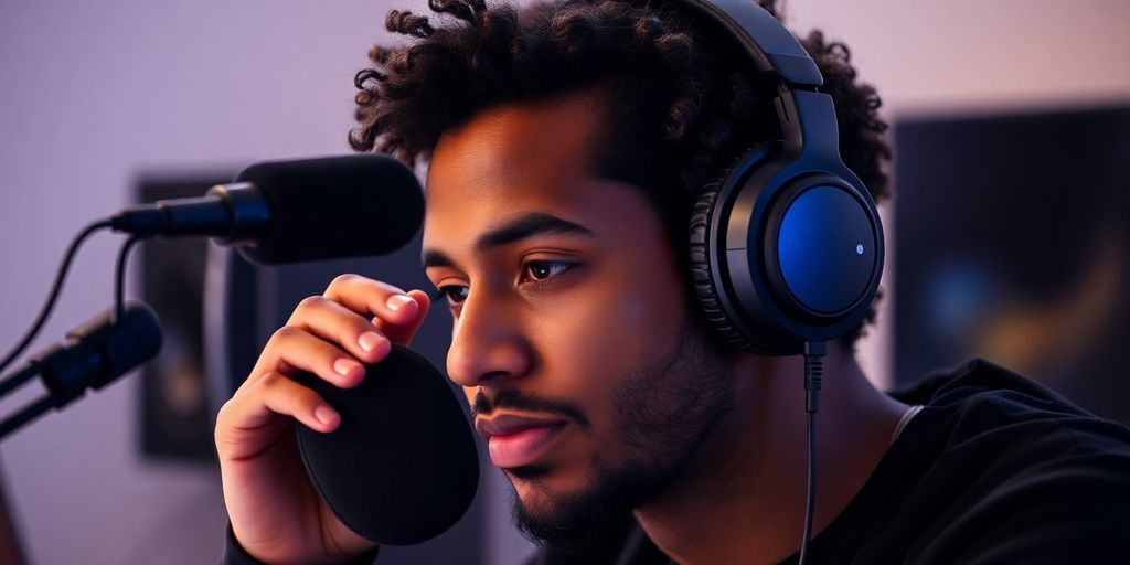 Creator listening to podcast with headphones