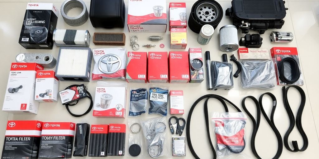 Genuine Toyota car parts arranged neatly.