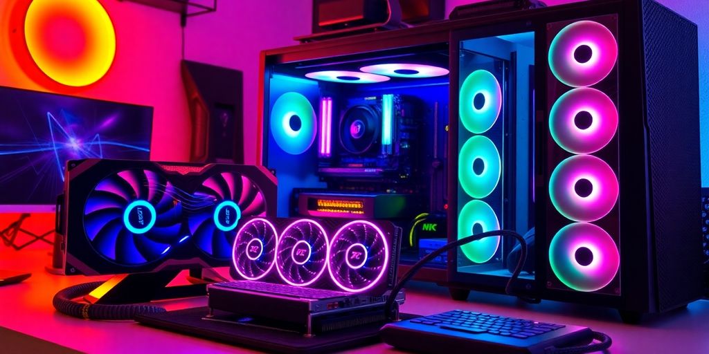 Bilder von Gaming-PC-Komponenten und RGB-Beleuchtung.