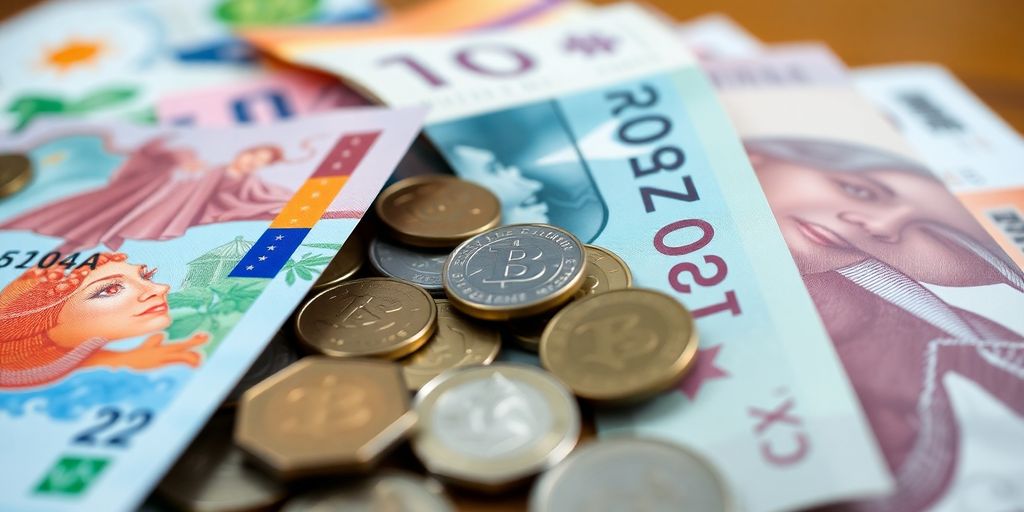 Close-up of international currency notes and coins.