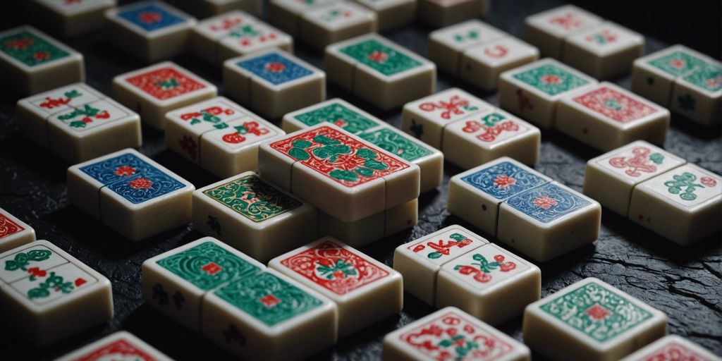 Close-up of colorful Mahjong tiles with ancient designs, set against a dark background, highlighting their unique twist.