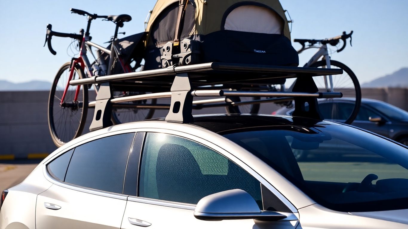 Tesla with roof rack loaded with gear.