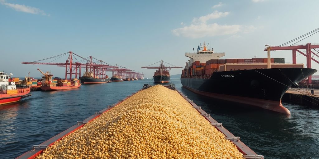 Cargo ships loading sesame seeds at a busy port