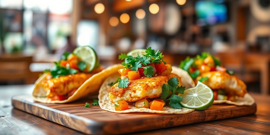 Plated tacos, colorful ingredients, Mexican restaurant.