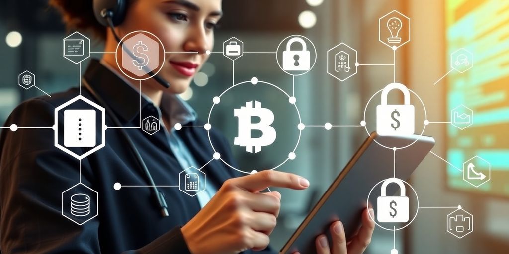 Customer service representative using digital technology tools.