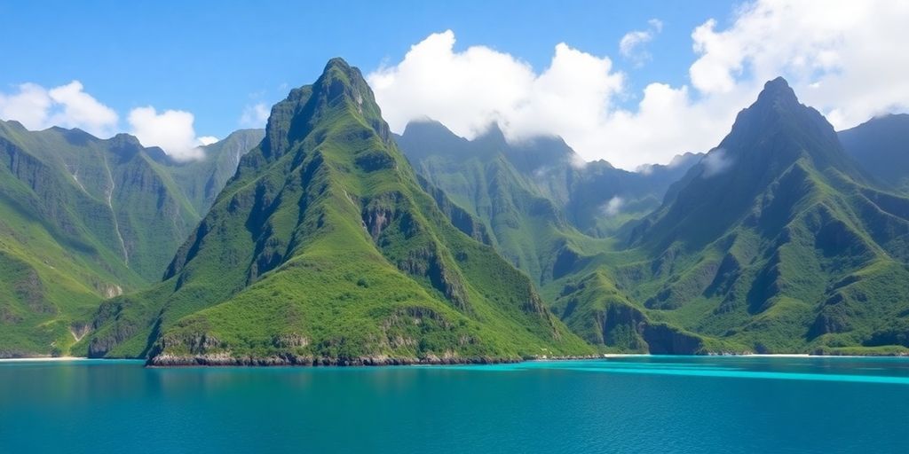 Lush green mountains meet turquoise ocean waters.