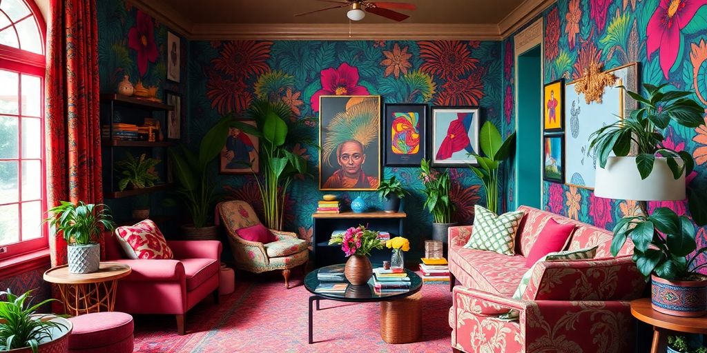 Colorful maximalist room with bold patterns and decor.