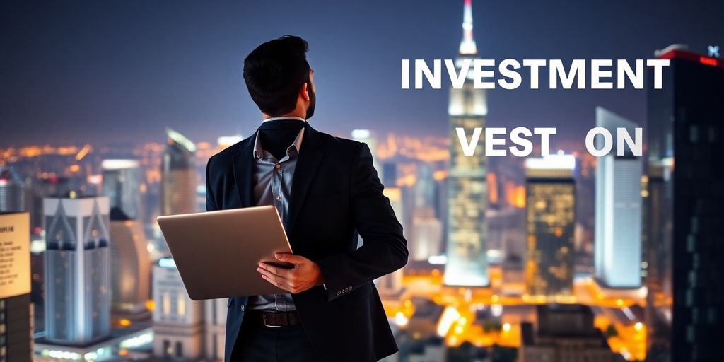 Man by laptop with city lights.