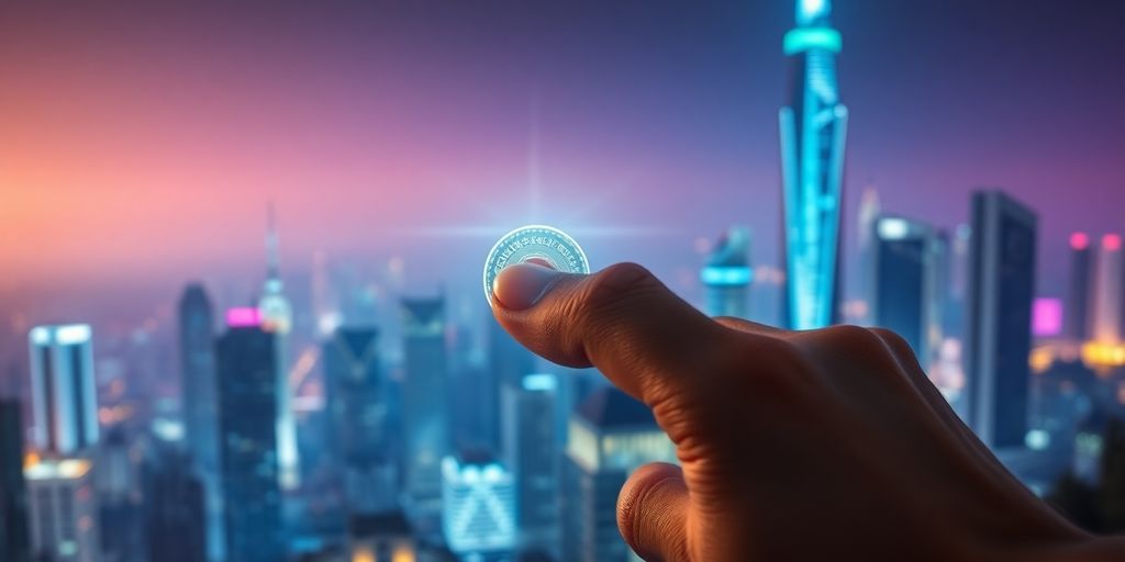 Digital hand holding stablecoin amidst futuristic city.
