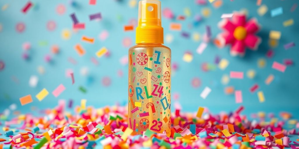 Bright body spray bottle with colorful confetti background.