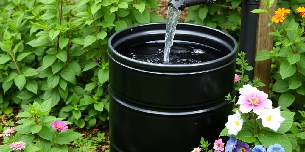 Regenwassertank im Garten, gefüllt mit Wasser.