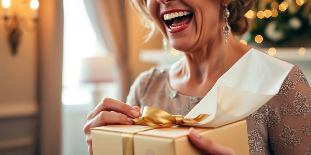Mother of bride opening elegant experience gift.