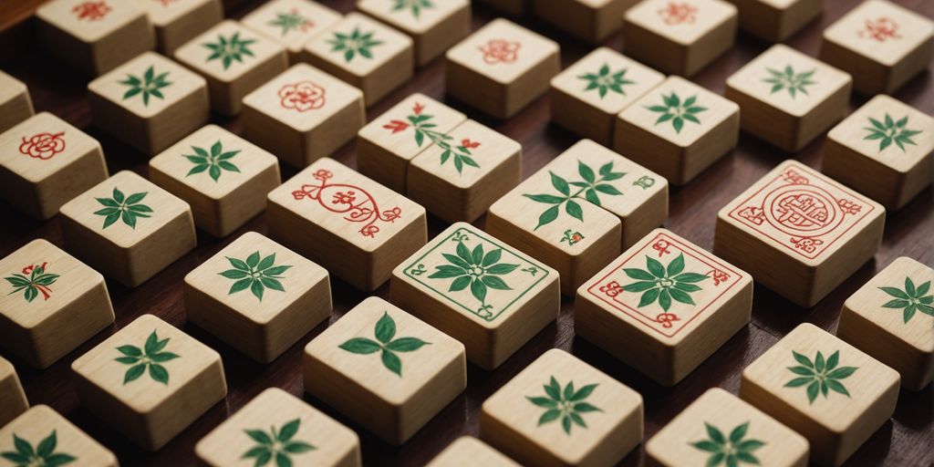 Mahjong bamboo tiles on wooden table