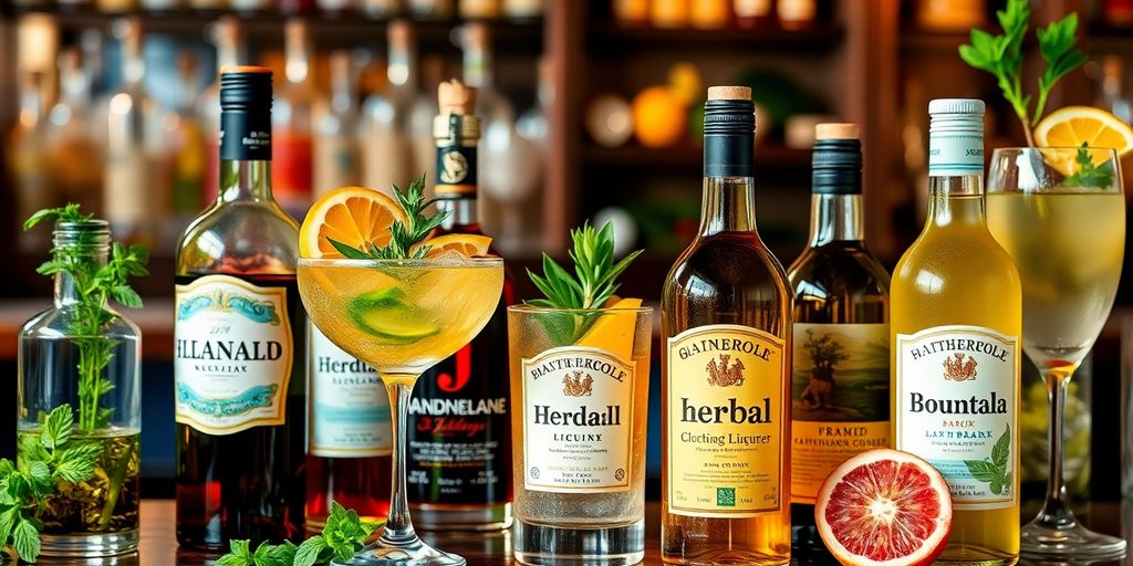 Kruidige likeuren in kleurrijke cocktail glazen.
