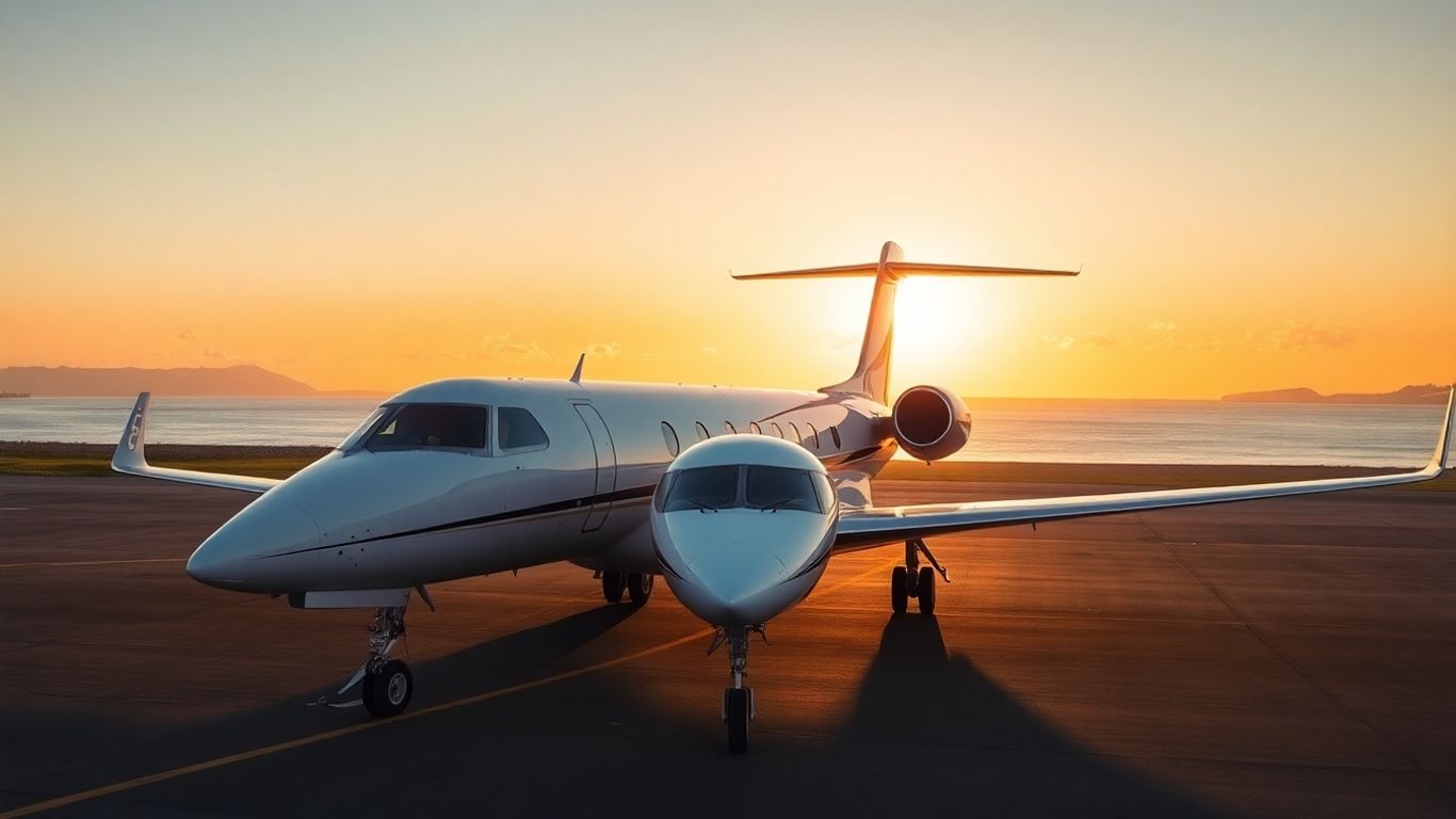 Private jet on tarmac, tropical coast in background.