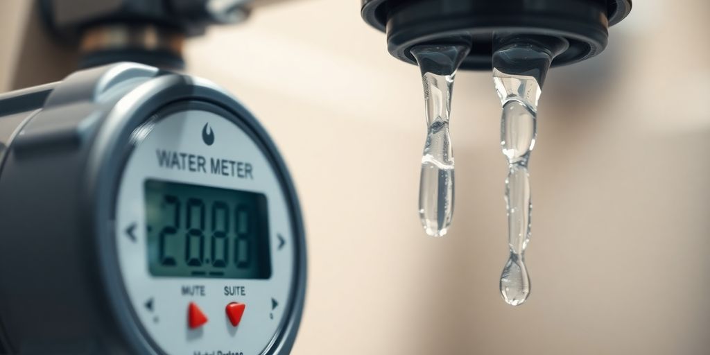 Water meter, faucet, and water drops.