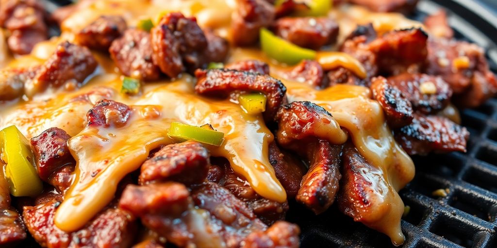 Sizzling cheesesteak meat with cheese and peppers on grill.