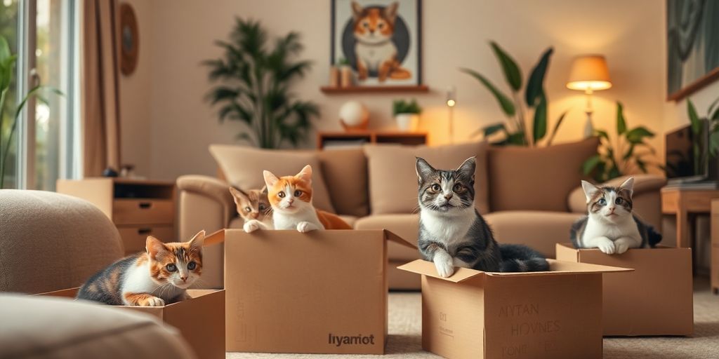 Two playful cats exploring a new cozy living room.