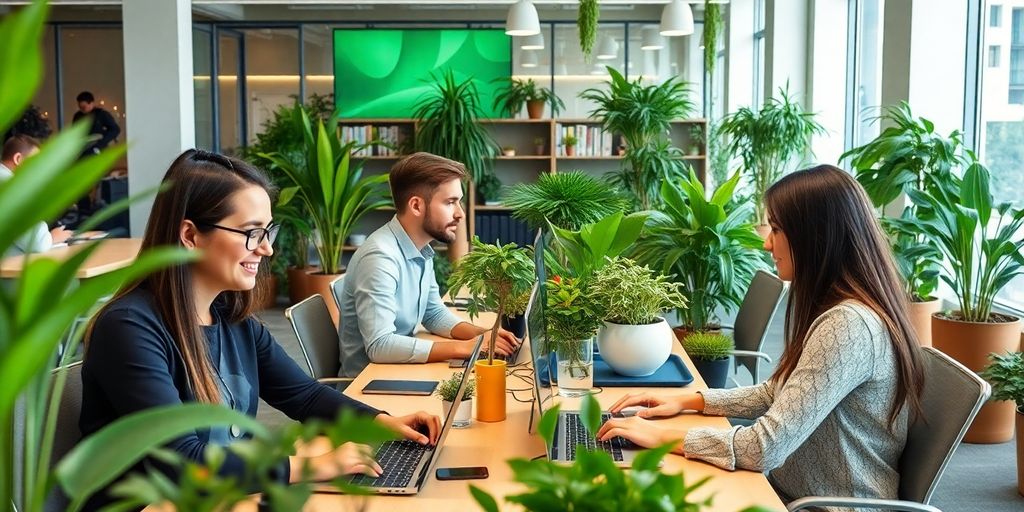 Employees in a green office using sustainable technology.