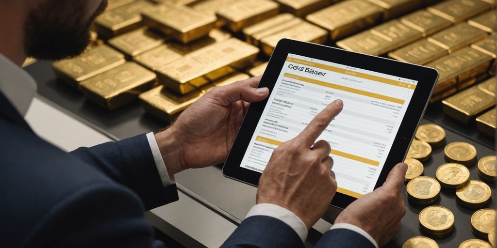 Investor analyzing gold paper assets on tablet