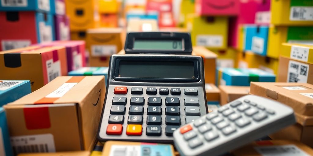 Calculator with product packaging in a fulfillment setting.