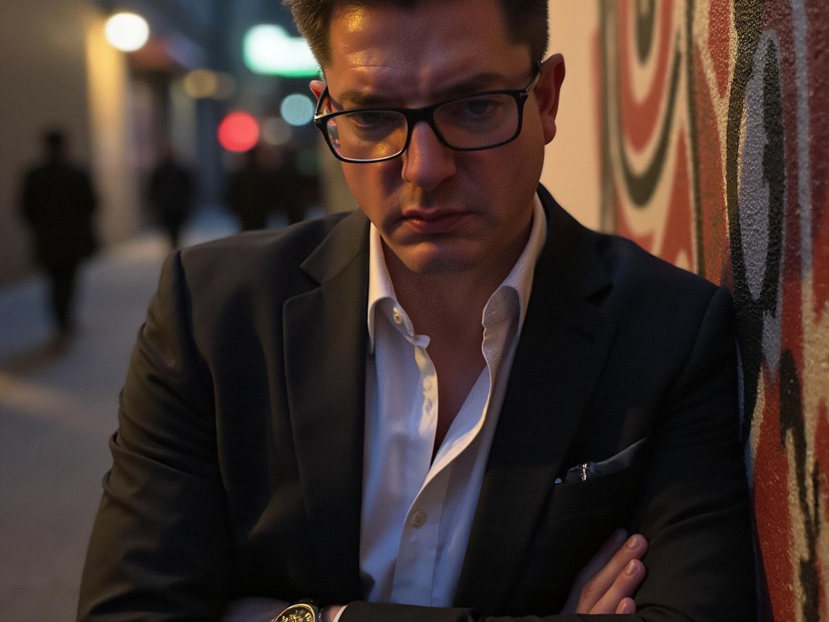 A man in a suit stands against a colorful wall.