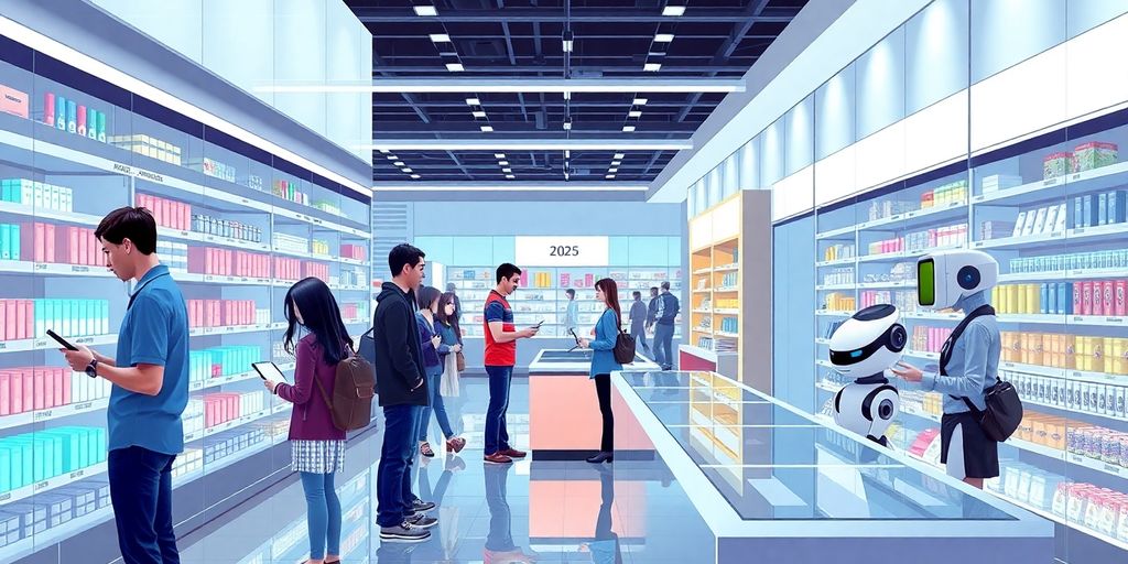 Employees using devices and robot assistant in futuristic retail interior.