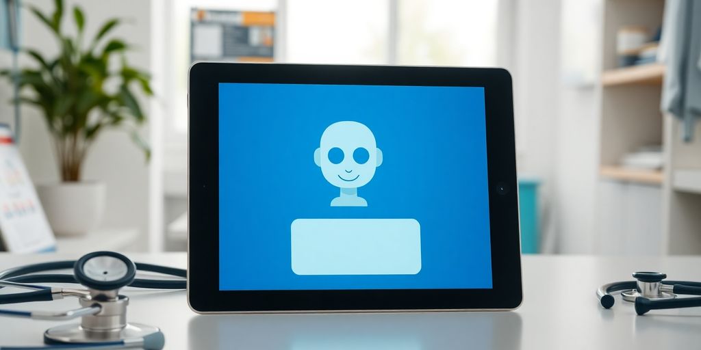 AI chatbot na tabletu u ordinaciji sa zdravstvenim elementima.